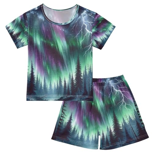 Pajama Sets Short Sleeve Watercolor Northern Light Soft Cotton Summer Sleepwear 2 Piece PJS Size 5-14T