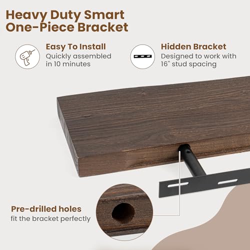 Image of Floating Shelves for Wall Decor, Rustic Solid Elm Wood Live Edge Floating Shelves Wall Mounted, Wall Shelves with Invisible Bracket for Living Room Bathroom Bedroom Kitchen, 48 Inch, Walnut