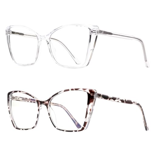 Image of 2 Pack Blue Light Blocking Glasses for Women, Oversized Trendy Cat Eye Computer Gaming Glasses Anti Glare & UV Glare RF6204 (Clear + Leopard Cateye Frame)