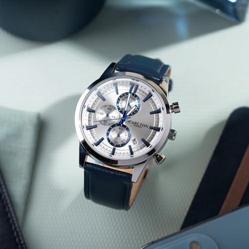 Image of Carlton London Windsor Men Analog Watch, Round Dial, Leather Strap, Quartz Movement, 43 mm Case, Slim Design, Lightweight Comfort, 30M Water Resistant, Casual Formal Wear