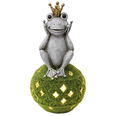 TERESA'S COLLECTIONS Gartenfiguren für Außen Frosch Solarleuchte Froschkönig Figur auf Kugel Gartenbeleuchte beflockt mit Moos aus Kunstharz Wetterfest Gartrendeko Figuren für Balkon Terrasse 30cm Cover