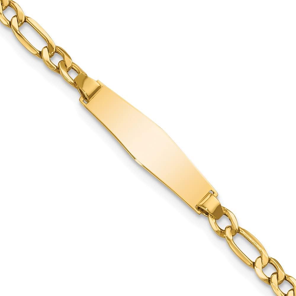 Engravable Personalized Custom 14K Yellow Gold Semi-Solid Soft Diamond Shape Figaro Link ID Bracelet For Men or Women Length 7 inches Width 5.8 mm