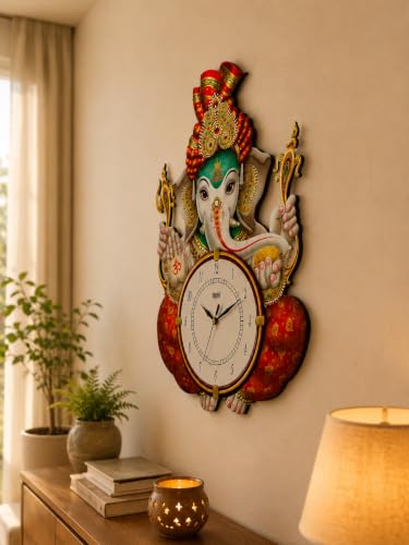 Image of Ajanta Wall Clock 33 x 30 cm, Decorative MDF Wooden Clock, Printed Ganesha God Design, Tic-TOC Movement for Home Decor