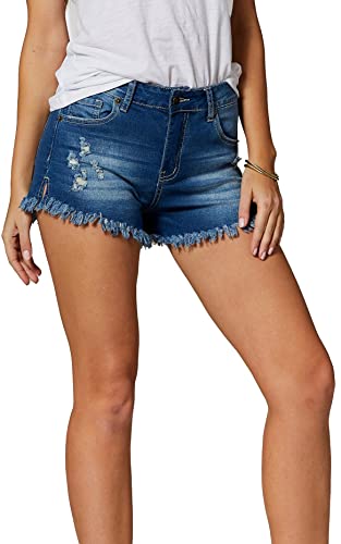 Deep Blue Jean Shorts High Waisted Denim Shorts For Women Cut Off Ripped Frayed Raw Hem Distressed Stretchy - Ds-Fray-Deep Blue-Medium #TOP30