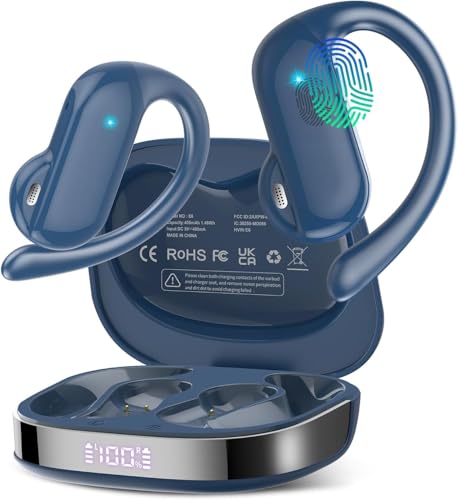 DUSONLAP Open-Ear Auriculare Inalámbricos Deportivos, Auriculares Bluetooth 5.4 HiFi Estéreo para Running/Ciclismo, 32H Cascos Inalambricos con HD Mic, Pantalla LED, Control Táctil, Azul