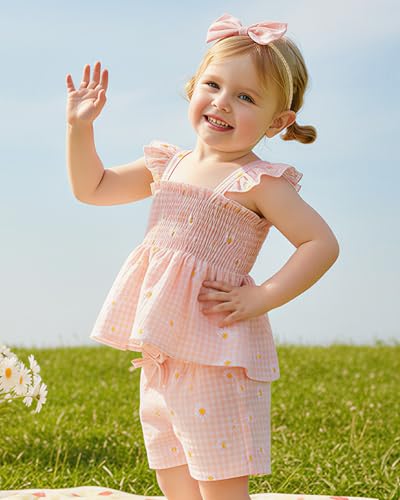 Image of Mioglrie Toddler Baby Girl Summer Clothes Infant Spring Outfits Ruffle Sleeveless Shirt Baby Shorts Headband Clothing Set