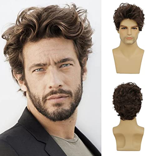 Peluca marrón para hombres Peluca ondulada corta Peluca de pelo rizado sintético con gorro de peluca Cover