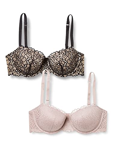 Iris & Lilly Soutien-Gorge T-Shirt en Dentelle Femme, Lot de 2, Noir/Taupe, 90D Cover