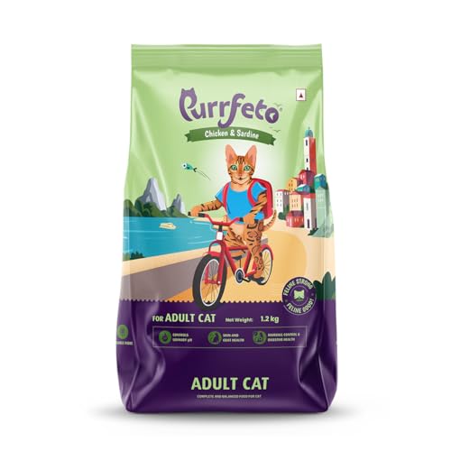 Purrfeto Adult Dry Cat Food | Chicken & Sardine | 1.2 kg Ingredients | Promotes Urinary Health |Anti Hairball Formula | Promotes Skin & Coat Health | Improves Digestive Health