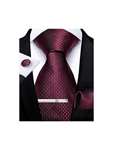 DiBanGu Cravate pour homme en soie solide et carré de poche, ensemble de boutons de manchette formels - Rouge - Taille unique Cover