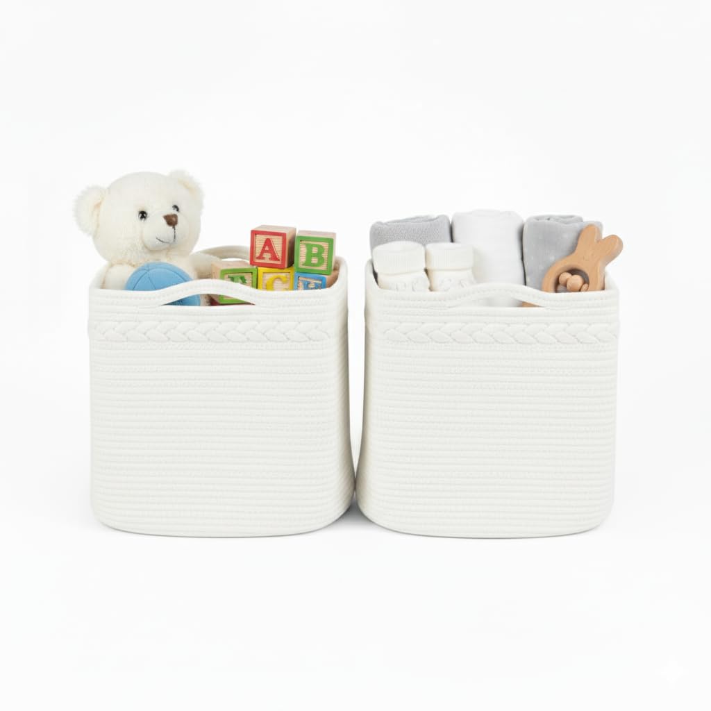 danpinera Aufbewahrungskorb, Körbchen aus 100% Baumwolle für Wohnzimmer, Kinderzimmer, Badezimmer, Rechteckiger Korb 2er Set mit Griffen für Decken & Spielzeug, Weiß