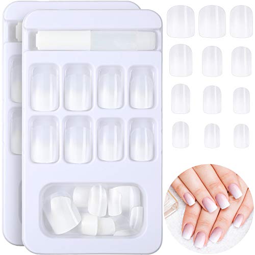 48 Pieces Gradient White False Nails Artificial Fake Short Fingernails Nail Tips Glossy Full Cover Short Fake Nails in 2 Boxes with 2 Pieces Nail Glue for DIY Nail Art Salon Decoration