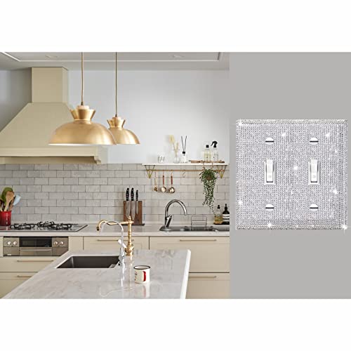 Image of 2 Pcs Shiny Silver Rhinestones Wall Plate Cover, Double Gang Toggle Outlet Covers, Bling Light Switch Cover
