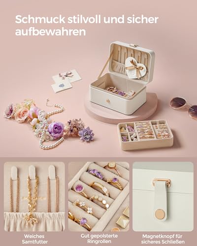 SONGMICS GISELLA Kollektion - Schmuckkästchen Reise mit 2 Ebenen, Schmuckkasten klein, Schmuckaufbewahrung, tragbar, für größere Accessoires, Geschenkidee, 11,6 x 16 x 7,5 cm, wolkenweiß JBC166W01