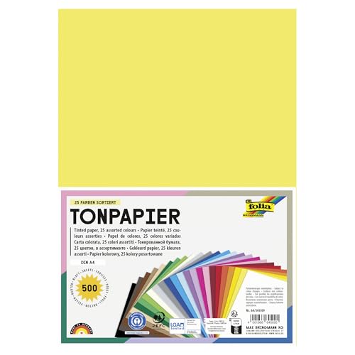 Folia 64/500 09 Coloured Paper Mix, DIN A4, 130 g/m², 500 Sheets Assorted in 25, Crafts and Creative Design of Cards, Window Pictures and for Scrapbooking, Blatt