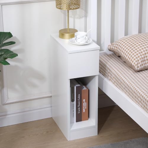 Pantanal 20CM Slim Bedside Table Cabinet White with Drawer Shelf Small Narrow Wood Bed Side Table End Table Nightstand for Bedroom Living Room
