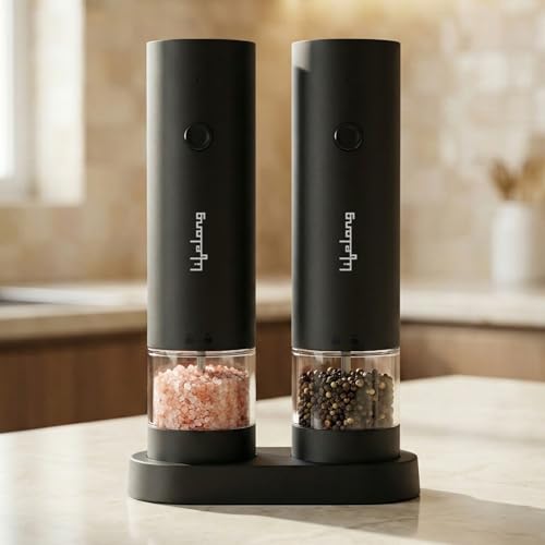 Image of Lifelong Electric Salt & Pepper Grinder Set | Automatic & Rechargeable Black Pepper Crusher, Mill & Shaker | One Hand Operation | Adjustable Coarseness & Refillable Tank with Clear View for Kitchen