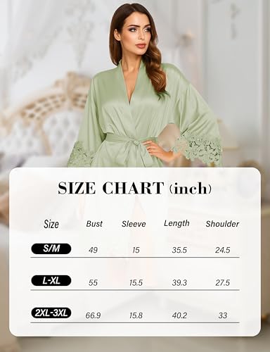 Image of EPLAZA Bride Robe for Wedding Day Set Bridal Robe Lace Trim Silky Embroidery Satin Kimono for Bridal Party
