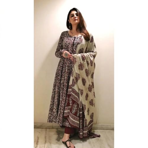 Image of Nermosa Women Printed Anarkali Kurta and Pant Set with Dupatta | Printed Kurta Set | Cotton Suit | Women Kurta Sets |