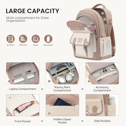 Student Laptop Backpack for College Teen Girls, Cute Middle High School Bag Women Bookbag Large Travel Back Pack Fit 15.6 Inch Laptop (Khaki Beige)2
