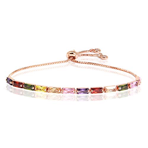 by you Women Fashion Cubic Zirconia Tennis Adjustable Pull String Bracelet Gold Silver Color (Rectangle 6mm - Rosegold Multi)