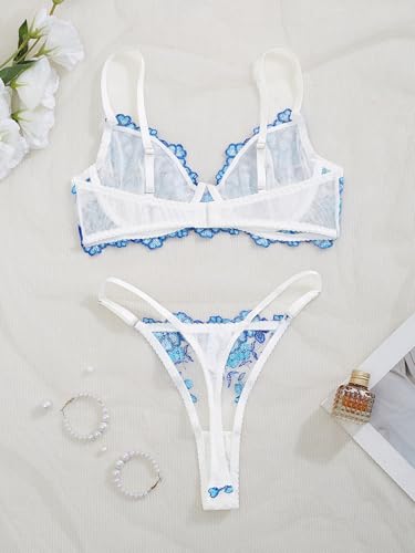 Image of Sexy Floral Embroidered Flower Mesh Underwire Push Up Lingerie Set