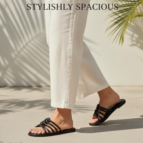 Image of Ruiee Wide Width Sandals for Women, Summer Flat Slides Casual Braided Wide Feet Sandal Comfort Slip on Sandals Open Toe Beach Shoes for Women.