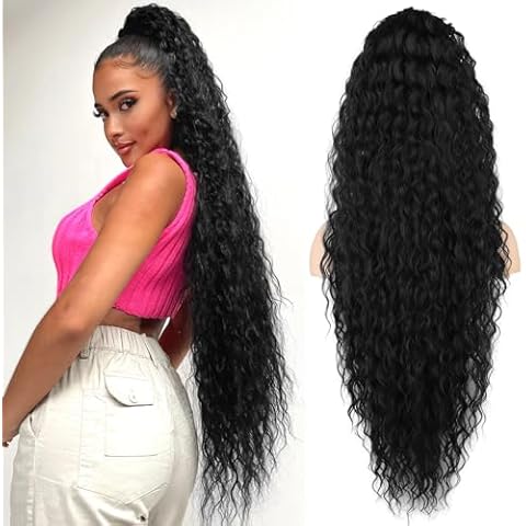 Black Ponytail Extension, SEIKEA 36" Long Lightweight Full Natural Curly Drawstring Ponytail Fake Pony Tail Multi Layered Soft Clip in Hair Extensions Ponytail Synthetic Hairpiece for Women Cover