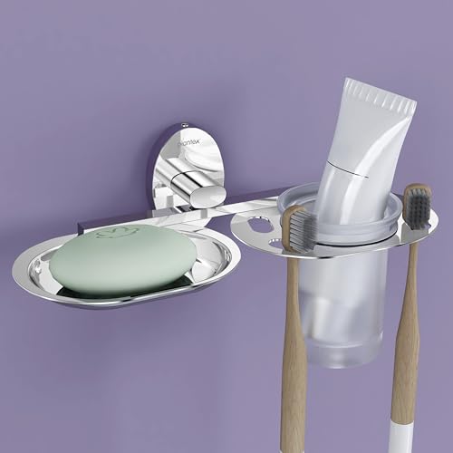 Image of Plantex 304 Grade Stainless Steel 2 in1 Soap Holder with Tumbler Holder /Bathroom Accessories - Olive (Chrome)