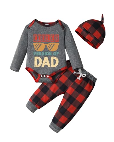 Image of NZRVAWS 3-6 Months Newborn Baby Boy Clothes Infant Long Sleeve Romper Grey Jumpsuit Red Plaid Pants Hat 3PC Outfits Set Fall Winter