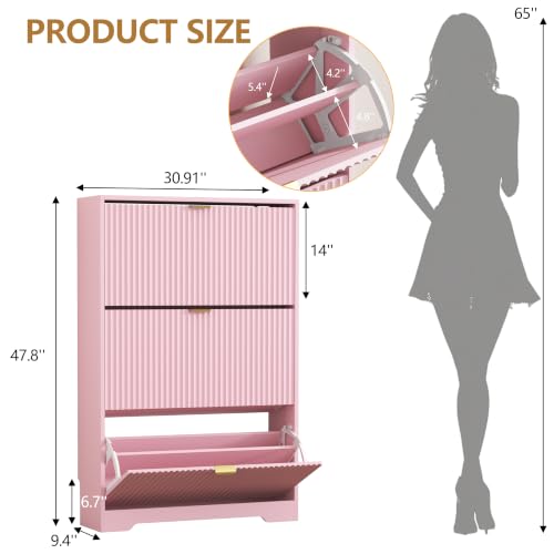 Image of HUANLEGO Shoe Cabinet Storage for Entryway with 3 Flip Drawer, Pink | Fluted Shoe Cabinet with Adjustable Shelves, Hidden Shoe Rack for Entryway, Freestanding Narrow Shoe Organizer for Hallway