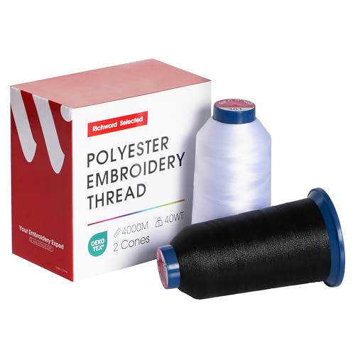 Image of Poolin White and Black Embroidery Thread, Huge Spool Richword Selected 2 Rolls 4000M(4374Y) 40WT Polyester Thread for All Embroidery Machines(White+Black)