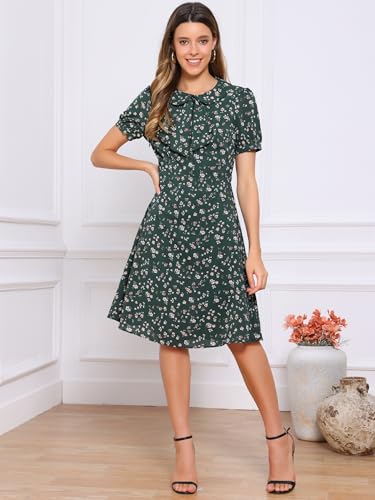 Image of Allegra K Women's Peter Pan Collar Tie Neck Short Sleeves A-Line Elegant Belted Vintage Floral Dress