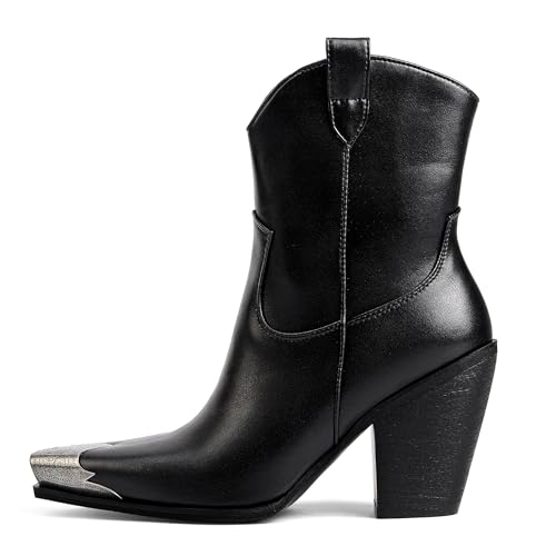 Arqa Women's Western Boots Etched Metal Toe Cowgirl Booties Stacked Block Heel Ankle Boots Side Zipper Vintage Cowboy Boot