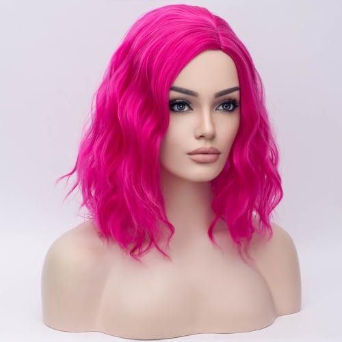 Image of BERON Pink 14 inch Wigs for Women Girls Short Curly Bob Wavy Wig Hot Pink Color Body Wave Halloween Cosplay Daily Party Wigs