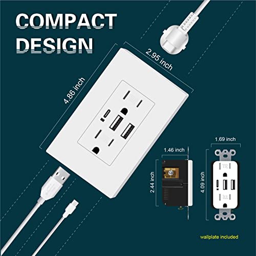 Topeler Usb C Wall Outlet, 15A Tamper Resistant Receptacle With 3 Usb Port, Total 6.0Amp High Charging Power Electrical Outlet, Screwless Wall Plate Include, Ul Listed & Fcc Approval #TOP4