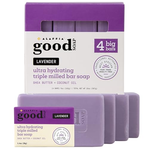 Alaffia Good Soap Lavender (4 Bars) + Trial-Size Herbal Bar Long-Lasting Triple-Milled with Fair Trade Shea Butter