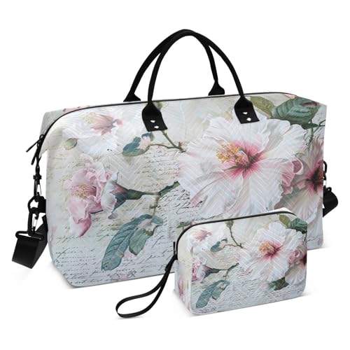 White Flower Vintage Large Travel Duffle Bag Weekender Overnight Bags Gym Yoga Bag for Women Men with Toiletry Bag