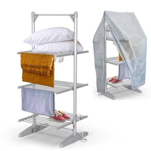 Electric 3 Tier Heated Clothes Airer with Cover, Foldable Electric Clothes Drying Rack Electric Clothes Horse with 36 Heated Rails for Quick Drying, 21M Drying Space, 300W