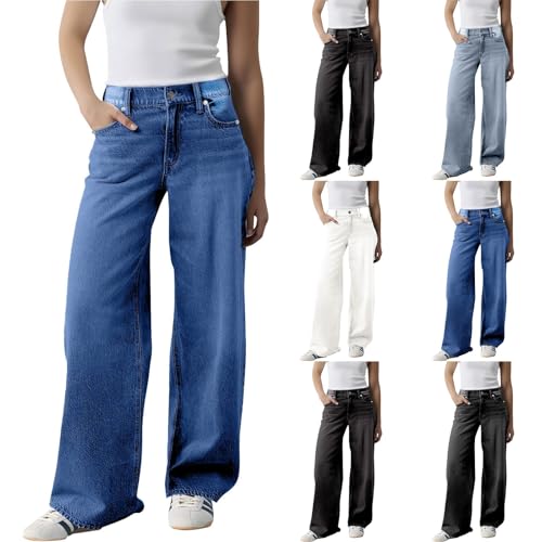 Jeans for Women UK High Waisted Wide Leg High Waisted Stretch Boyfriend Jeans Plus Size Pull On Long Trousers 90s Vintage Hip Hop Loose Denim Pants with Pockets Summer Spring Casual Y2K Streetwear