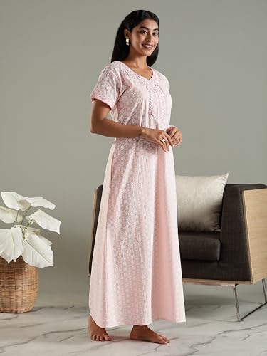 Image of 9shines Label Stylish Chikankari Cotton Nighty Maxi for Women | Full Length Nightgown | Nightdress with Pocket | Embroidery Nighty | Soft Comfortable Cotton Nightwear (1545)