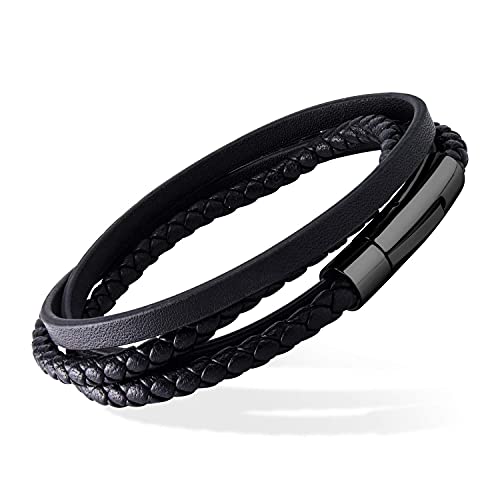 555Jewelry Mens Unisex Stainless Steel Braided Wrap Multi Layer Layered Leather Cord Magnetic Clasp Wraparound Vintage Wristband Vintage Fashion Accessory Jewelry Bracelet, Black 8 Inch