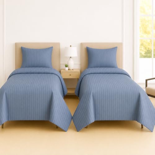 Image of DECOR2ADMIRE 300 Thread Count Premium Glace Cotton Plain Stripe Single Bedsheet with One Pillow Cover (60 inch x 90 inch) (Blue, Pack of 2)