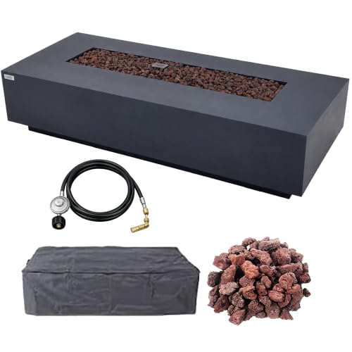 Image of AMS Creations | Savanah 72 inch Rectangular Cast Concrete Propane Gas Fire Pit Table | Dark Gray | Smooth Texture Surface | Electronic Ignition | Outdoor Patio Heater Outside Backyard Fireplace