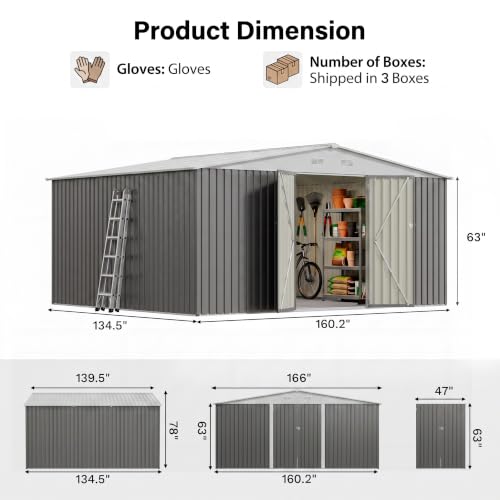 Image of Patiowell 14x12 FT Outdoor Storage Shed, Large Metal Sheds, Gray