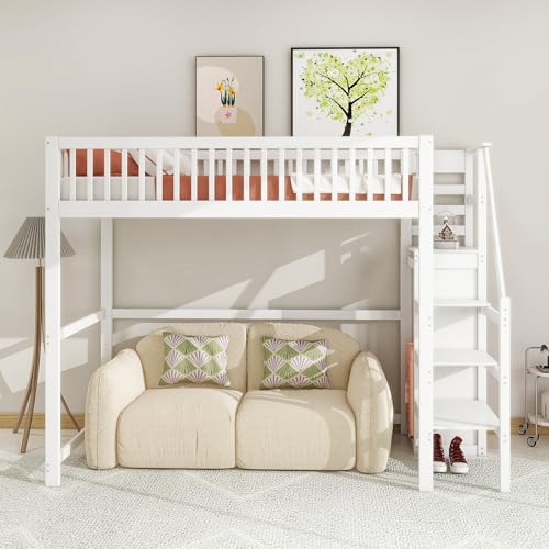 Lcoho Cama alta 90 x 200 cm con escalera, cuna blanca de madera con estante de almacenamiento, armario sencillo