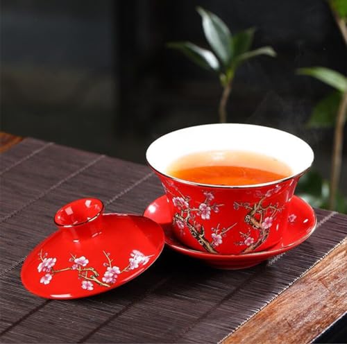 Image of 10oz Large Gaiwan, Ceramic Teacup -Embossed Plum Patterns (Red)