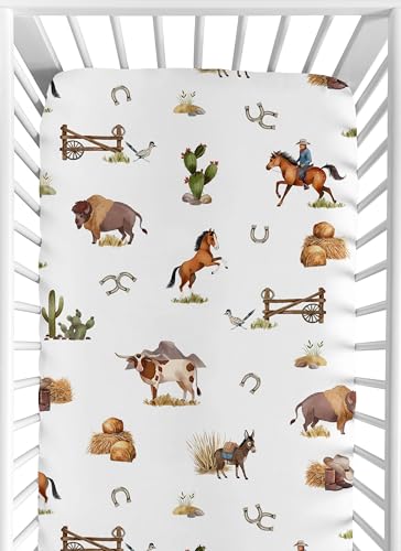 Image of Sweet Jojo Designs 2-Piece Baby Crib Sheets Set (Western Cowboy) for Boys, Infant Nursery, Toddler Room - Fitted, Standard Size (Cow Print, Country, Wild West, Southern Charm, Horse, Farm Animal, Tan)