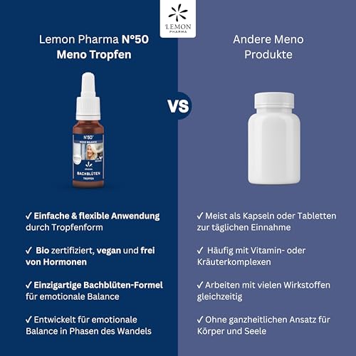 Lemon Pharma Bio Bachblüten Tropfen N°50 Meno – Emotionale Balance & Wohlbefinden in den Wechseljahren – für innere Ruhe, Gelassenheit & Stabilität – vegan, 20 ml