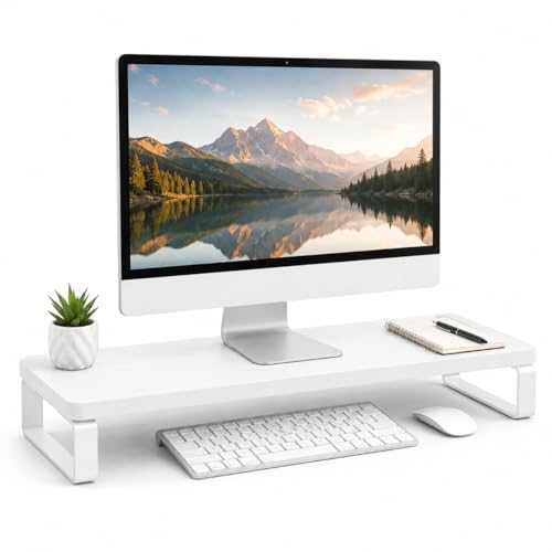 Image of Decorlay Engineered Wood Monitor Stand Riser for Desktop Computer & Laptop | Heavy Duty White Metal Frame | Ergonomic Monitor Shelf with Keyboard Storage | Space Saving Desk Organizer | Full White